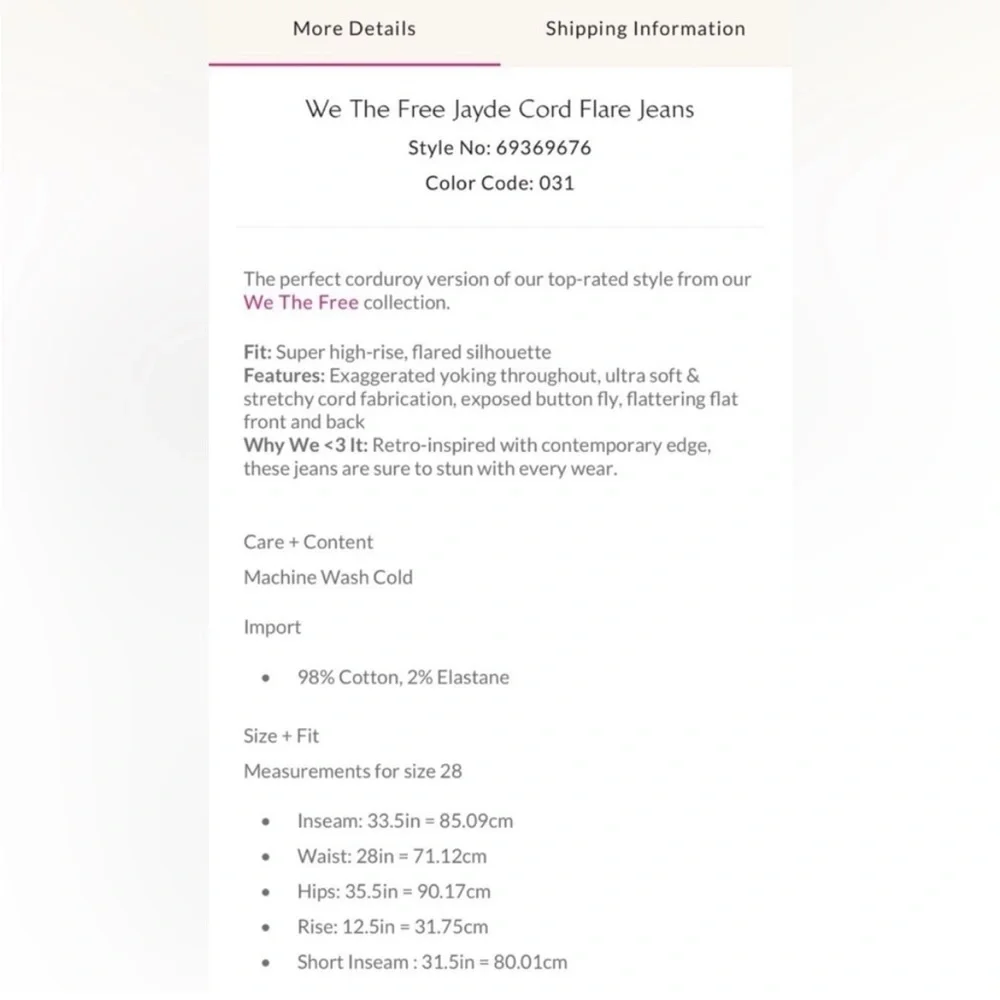 Free People- We The Free Jayde Cord Flare Jeans 
Size 24 NWT - Picture 12 of 13